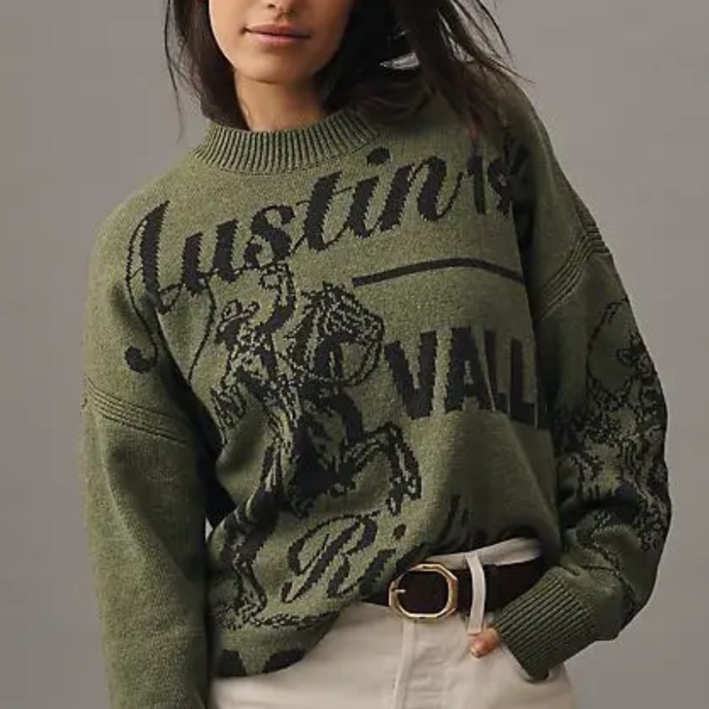 Anthropologie Olive Graphic Crewneck Sweater